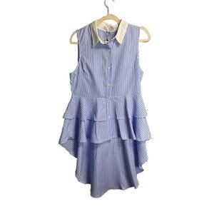 New English Factory Button Up‎ Layered Peplum Ruffled Blouse Stripes Blue Medium